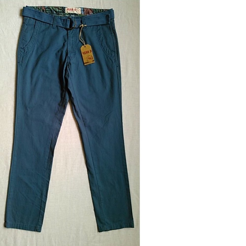 Kian D Slim-Fit Cotton Pants w/ Belt, Blue,32x30.5